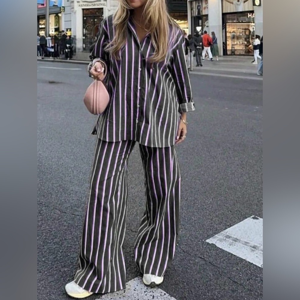 Oversized Striped 2-Piece Set - Button-Down & Wide-Leg Pants